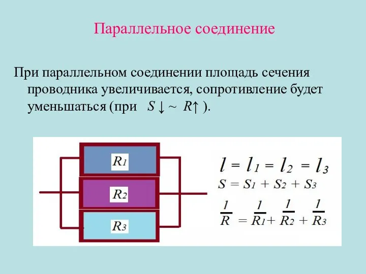 Параллельное соединение При параллельном соединении площадь сечения проводника увеличивается, сопротивление будет