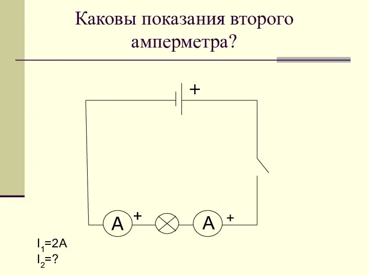 Каковы показания второго амперметра? I1=2А I2=? A + + А +