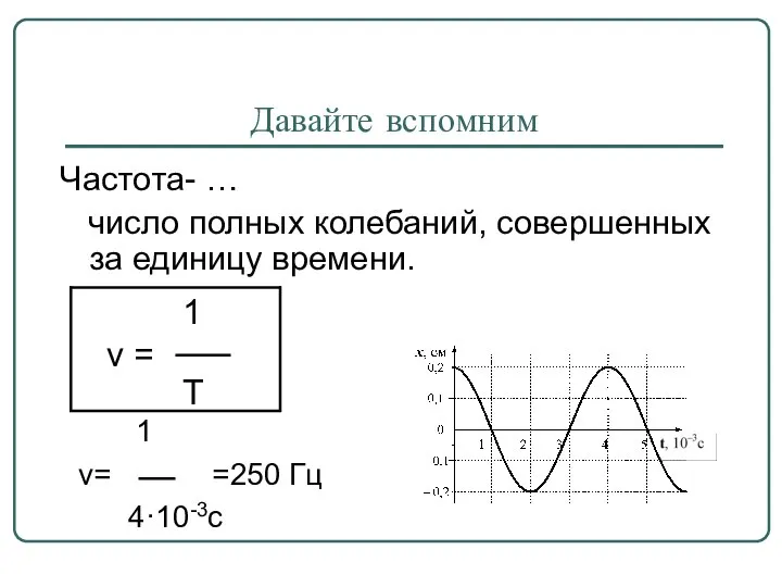 Давайте вспомним Частота- … число полных колебаний, совершенных за единицу времени. 1 ν= =250 Гц 4·10-3с