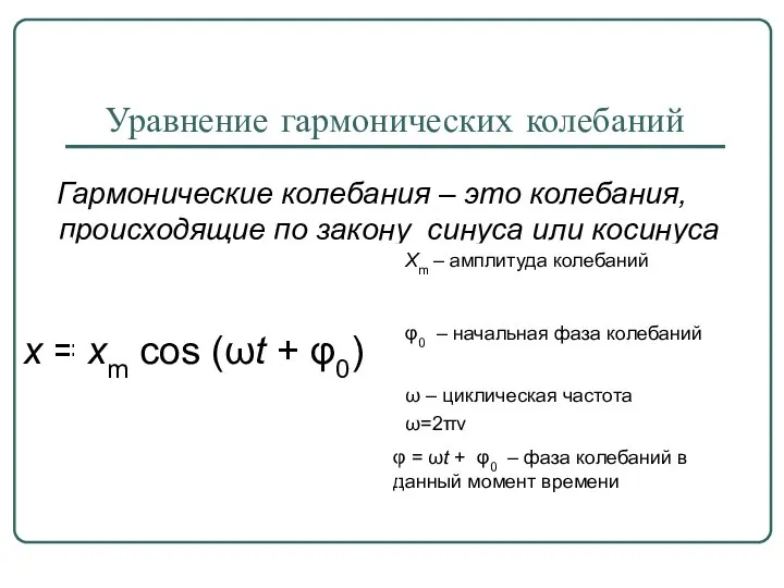 Уравнение гармонических колебаний Гармонические колебания – это колебания, происходящие по закону