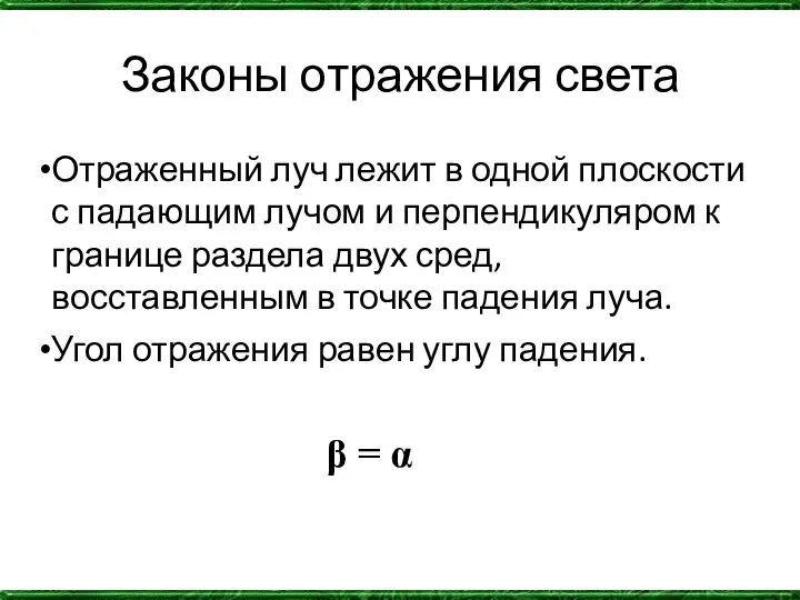 Законы отражения света Отраженный луч лежит в одной плоскости с падающим