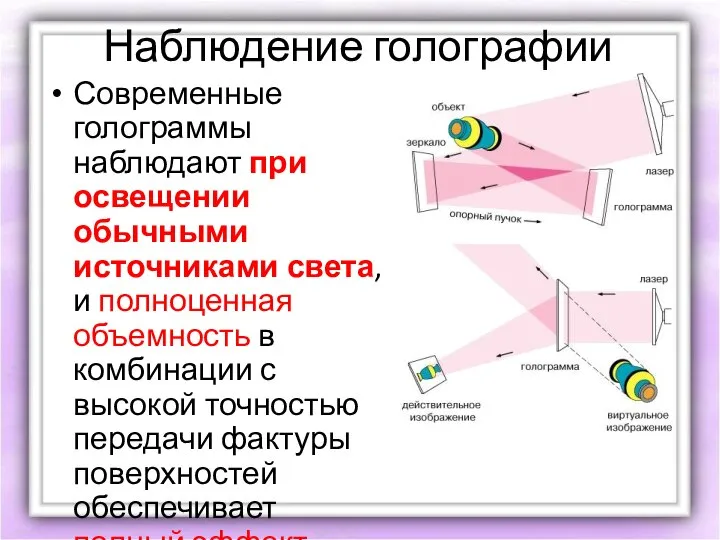 Наблюдение голографии Современные голограммы наблюдают при освещении обычными источниками света, и