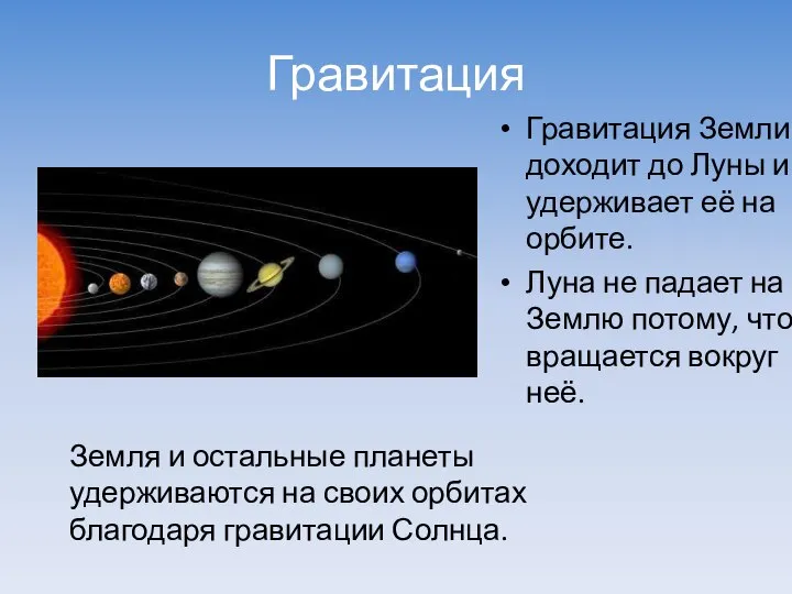 Гравитация Гравитация Земли доходит до Луны и удерживает её на орбите.