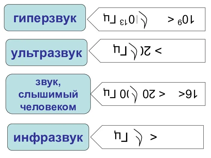 звук, слышимый человеком ультразвук гиперзвук инфразвук > 20 кГц 109 16