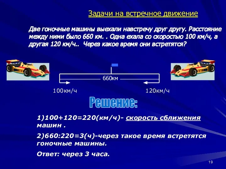 100км/ч 120км/ч 1)100+120=220(км/ч)- скорость сближения машин . 2)660:220=3(ч)-через такое время встретятся