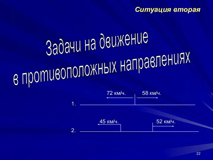 Ситуация вторая Задачи на движение в противоположных направлениях 1. 2. 72