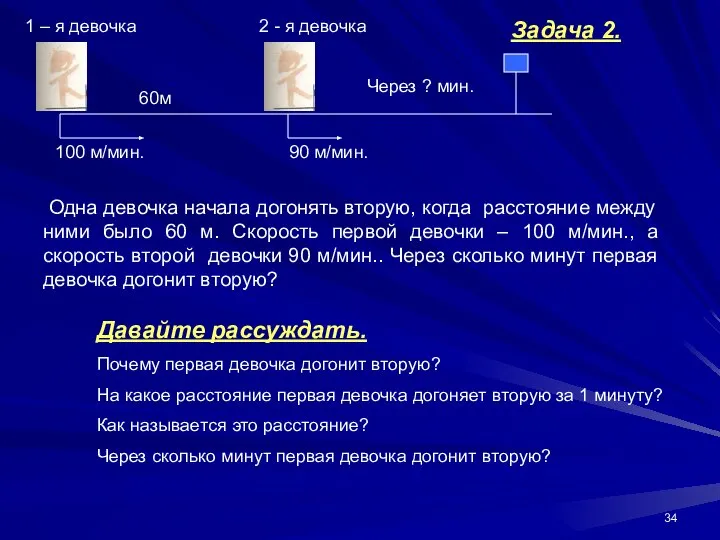 60м 100 м/мин. 90 м/мин. Через ? мин. 1 – я