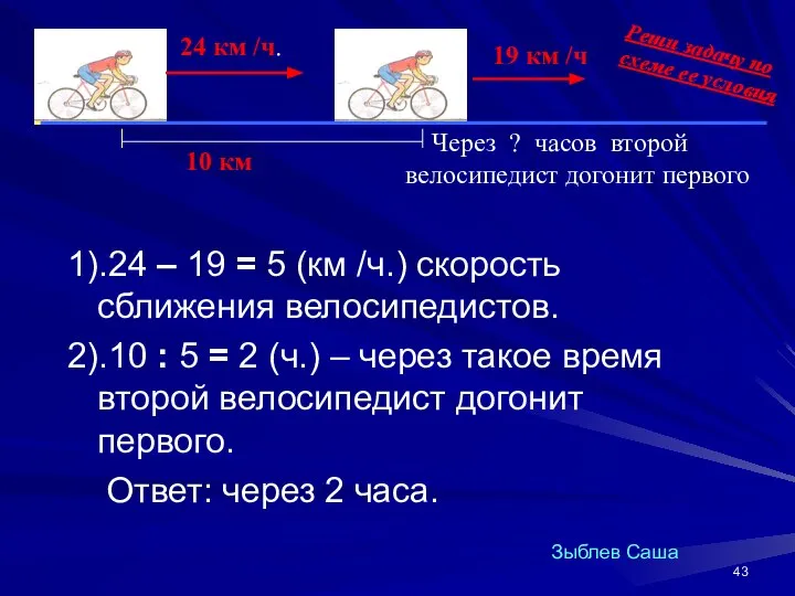 1).24 – 19 = 5 (км /ч.) скорость сближения велосипедистов. 2).10