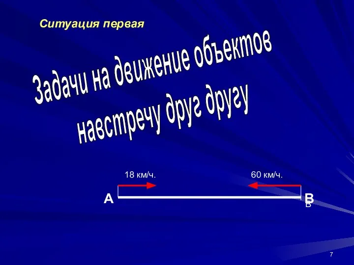 Задачи на движение объектов навстречу друг другу Ситуация первая А В В 18 км/ч. 60 км/ч.