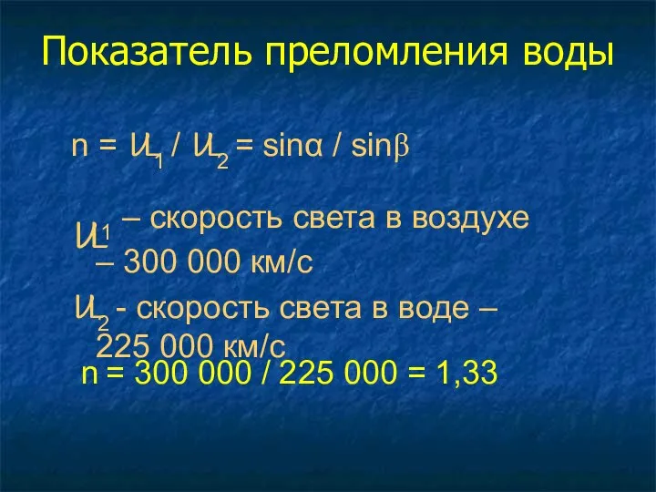 Показатель преломления воды n = U1 / U2 = sinα /