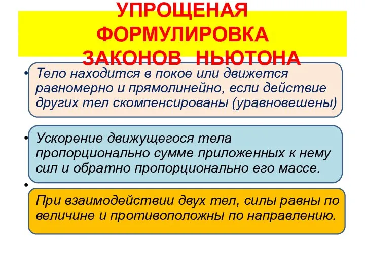 УПРОЩЕНАЯ ФОРМУЛИРОВКА ЗАКОНОВ НЬЮТОНА Тело находится в покое или движется равномерно