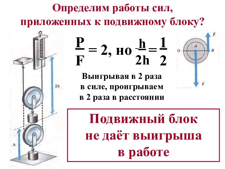 Определим работы сил, приложенных к подвижному блоку? P F = 2,