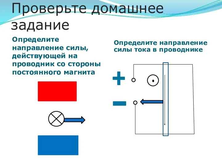 Проверьте домашнее задание Определите направление силы, действующей на проводник cо стороны