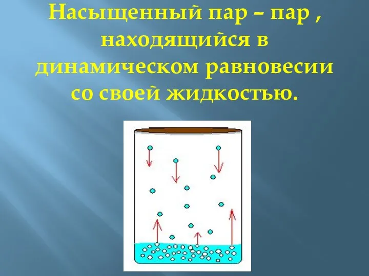 Насыщенный пар – пар , находящийся в динамическом равновесии со своей жидкостью.