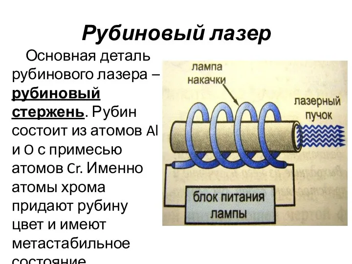 Рубиновый лазер Основная деталь рубинового лазера – рубиновый стержень. Рубин состоит