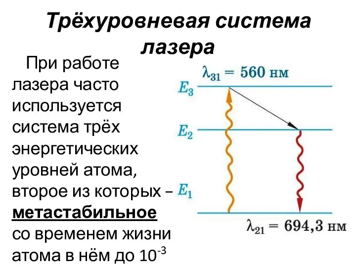 Трёхуровневая система лазера При работе лазера часто используется система трёх энергетических