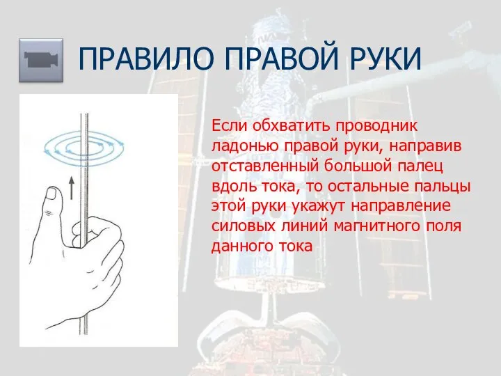 ПРАВИЛО ПРАВОЙ РУКИ Если обхватить проводник ладонью правой руки, направив отставленный