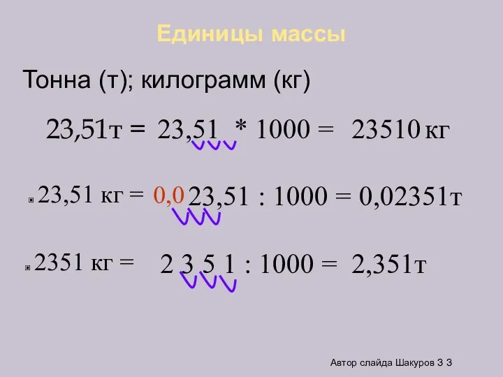 Единицы массы 23,51т = 23,51 кг = 23,51 * 1000 =