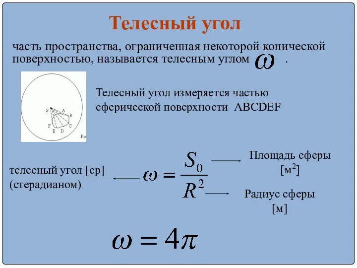 часть пространства, ограниченная некоторой конической поверхностью, называется телесным углом . Телесный