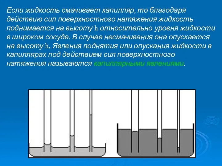 Если жидкость смачивает капилляр, то благодаря действию сил поверхностного натяжения жидкость