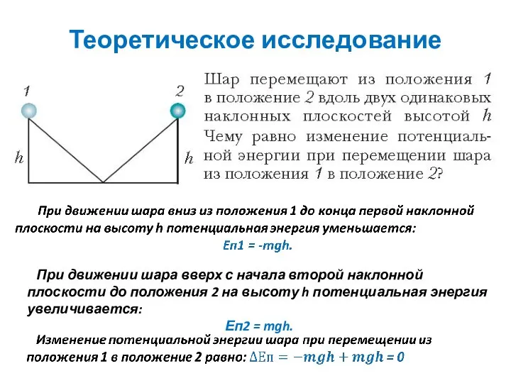 Теоретическое исследование При движении шара вверх с начала второй наклонной плоскости