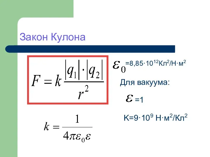 Закон Кулона =8,85·1012Кл2/Н·м2 Для вакуума: =1 K=9·109 Н·м2/Кл2