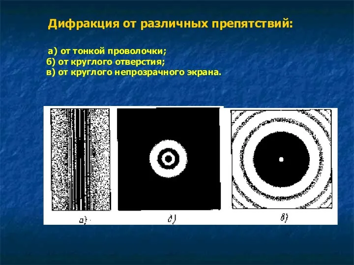 Дифракция от различных препятствий: а) от тонкой проволочки; б) от круглого