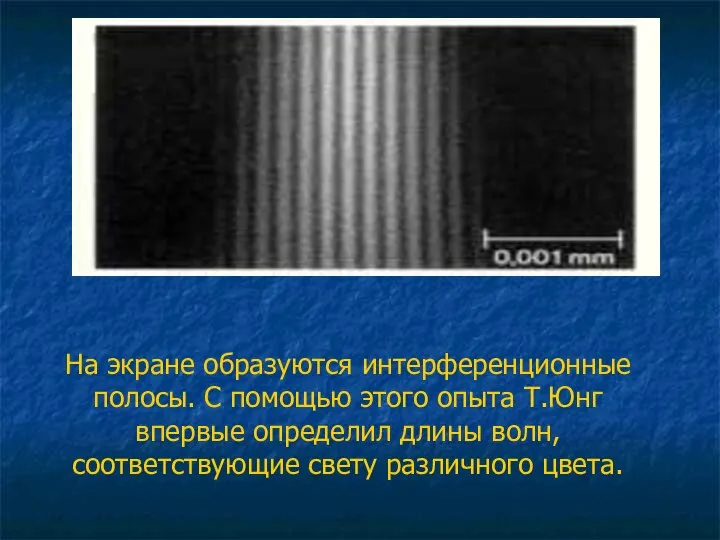 На экране образуются интерференционные полосы. С помощью этого опыта Т.Юнг впервые