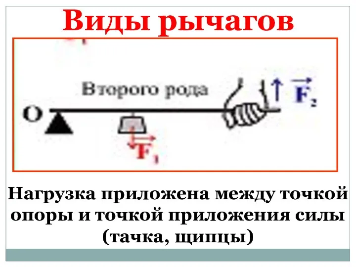 Нагрузка приложена между точкой опоры и точкой приложения силы (тачка, щипцы) Виды рычагов