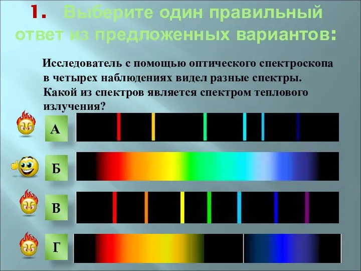 Исследователь с помощью оптического спектроскопа в четырех наблюдениях видел разные спектры.