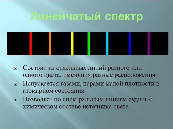 Линейчатый спектр Состоит из отдельных линий разного или одного цвета, имеющих