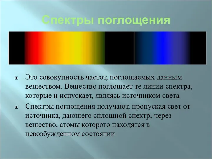 Спектры поглощения Это совокупность частот, поглощаемых данным веществом. Вещество поглощает те