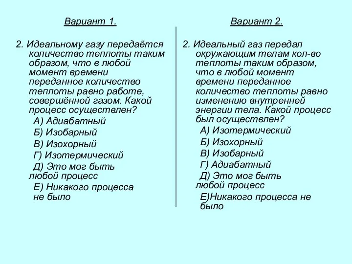 Вариант 1. 2. Идеальному газу передаётся количество теплоты таким образом, что