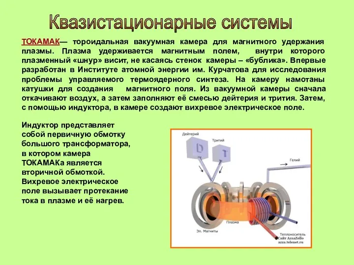 ТОКАМАК— тороидальная вакуумная камера для магнитного удержания плазмы. Плазма удерживается магнитным