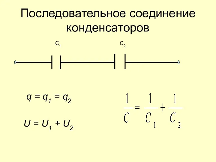 Последовательное соединение конденсаторов q = q1 = q2 U = U1 + U2 С1 С2