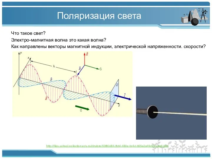 Поляризация света Что такое свет? Электро-магнитная волна это какая волна? Как