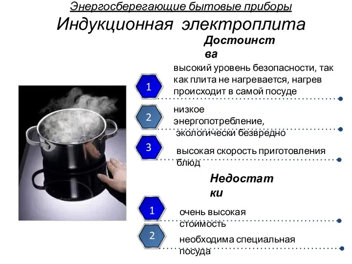 Энергосберегающие бытовые приборы Индукционная электроплита высокий уровень безопасности, так как плита