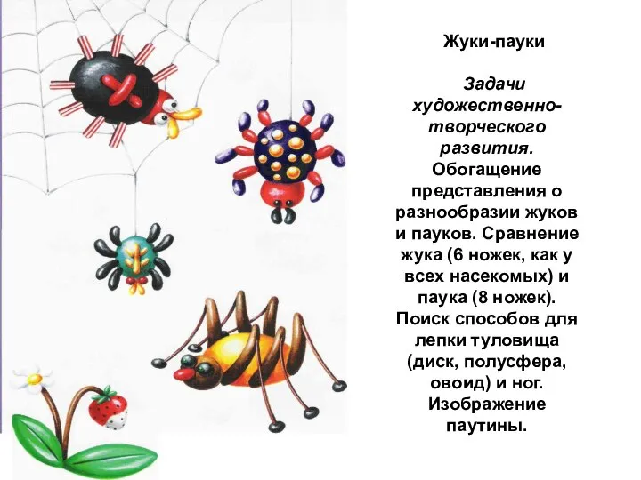 Жуки-пауки Задачи художественно-творческого развития. Обогащение представления о разнообразии жуков и пауков.