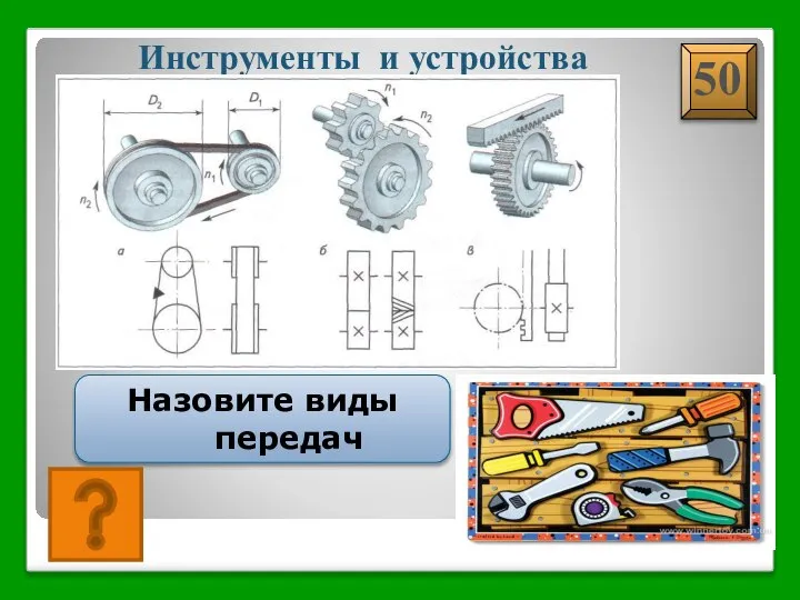 А)ременная б)зубчатая; в) реечная Инструменты и устройства Назовите виды передач