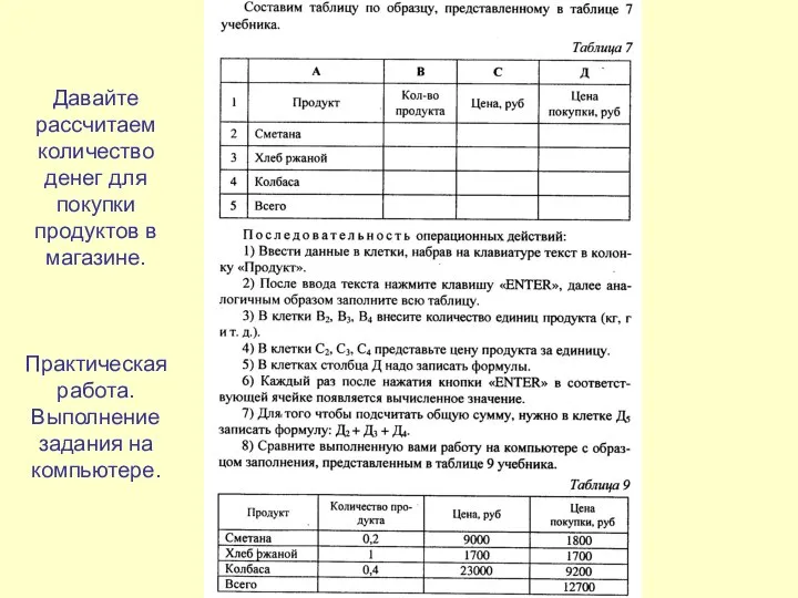 Давайте рассчитаем количество денег для покупки продуктов в магазине. Практическая работа. Выполнение задания на компьютере.