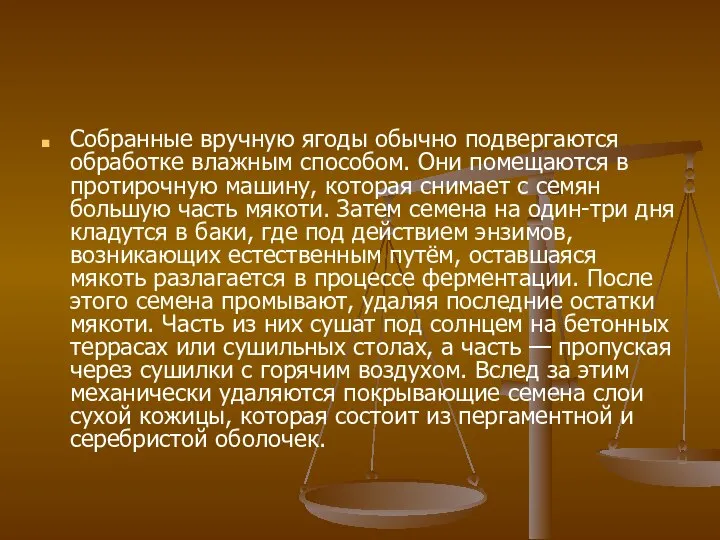 Собранные вручную ягоды обычно подвергаются обработке влажным способом. Они помещаются в