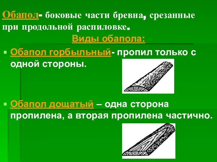 Обапол- боковые части бревна, срезанные при продольной распиловке. Виды обапола: Обапол