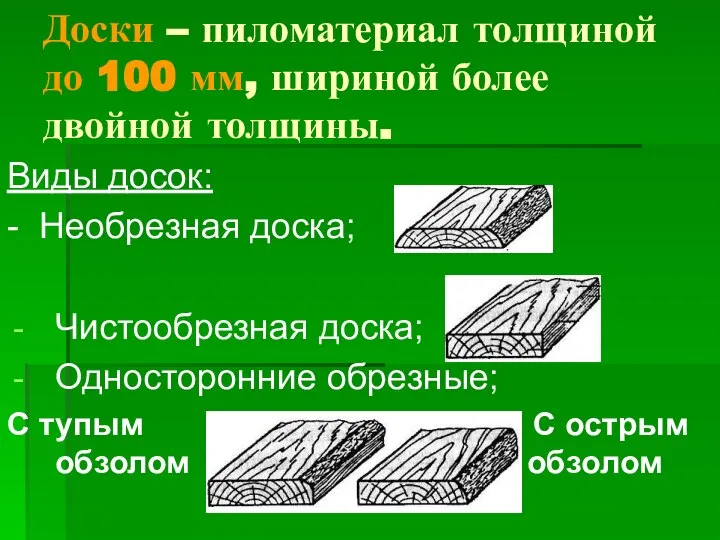 Доски – пиломатериал толщиной до 100 мм, шириной более двойной толщины.