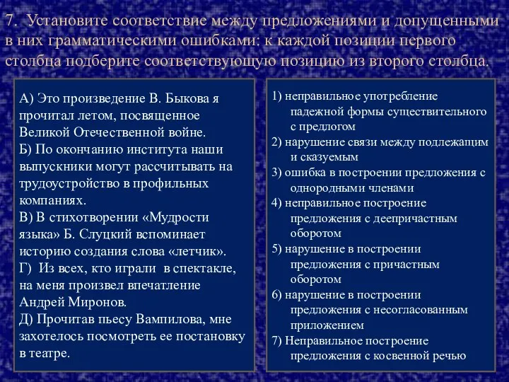 7. Установите соответствие между предложениями и допущенными в них грамматическими ошибками: