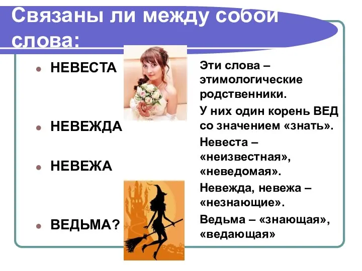 Связаны ли между собой слова: НЕВЕСТА НЕВЕЖДА НЕВЕЖА ВЕДЬМА? Эти слова