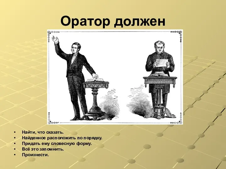 Оратор должен Найти, что сказать. Найденное расположить по порядку. Придать ему