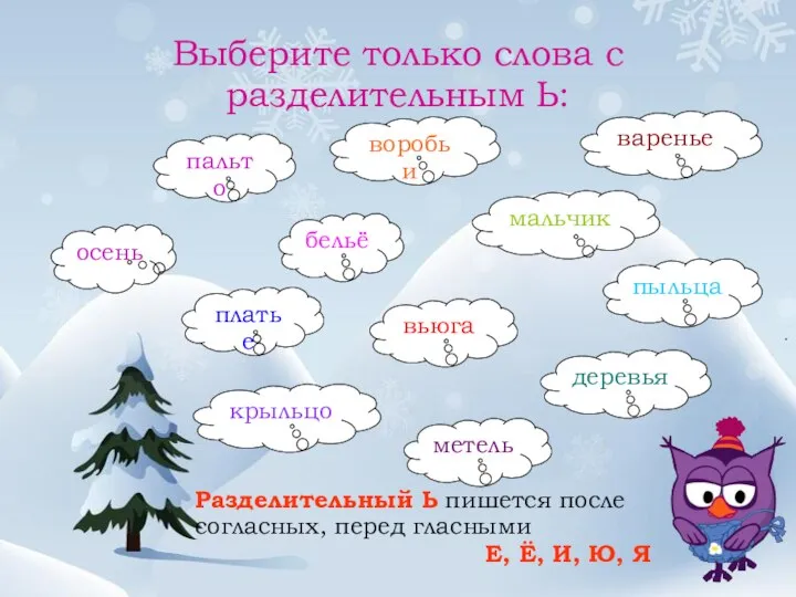 Выберите только слова с разделительным Ь: бельё вьюга платье деревья пыльца