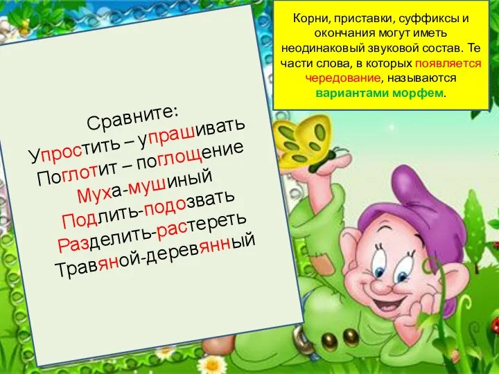 Варианты морфем Сравните: Упростить – упрашивать Поглотит – поглощение Муха-мушиный Подлить-подозвать