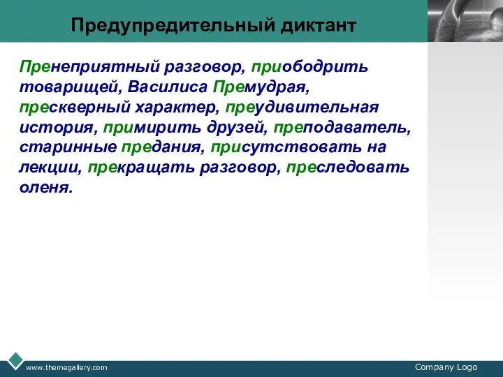 www.themegallery.com Company Logo Предупредительный диктант Пренеприятный разговор, приободрить товарищей, Василиса Премудрая,