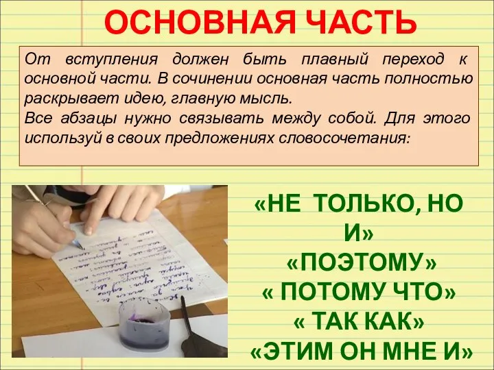 ОСНОВНАЯ ЧАСТЬ От вступления должен быть плавный переход к основной части.